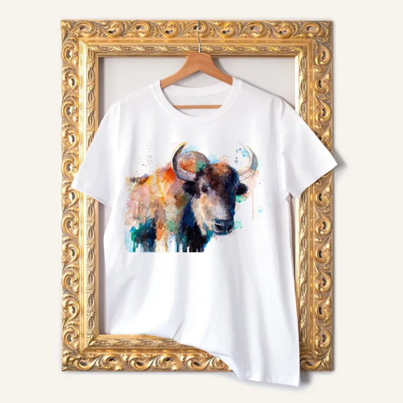 Yak watercolor painting printed on a white cotton T-shirt by Slaveika Aladjova