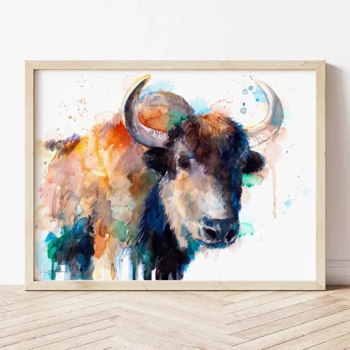 Yak watercolor painting the artwork on the T-shirt by Slaveika Aladjova
