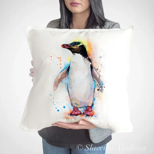 Yellow-eyed Penguin Art Pillow Cover, Watercolor Cushion 50 × 50 cm Yellow-eyed Penguin watercolor painting printed on a 50 x 50 cm cotton art pillow cover by Slaveika Aladjova