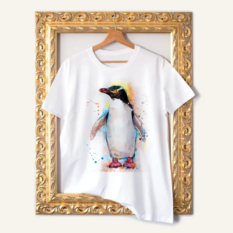 Yellow-eyed Penguin watercolor painting printed on a white cotton T-shirt by Slaveika Aladjova