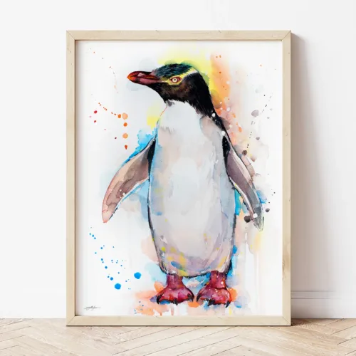 Yellow-eyed Penguin watercolor painting the artwork on the T-shirt by Slaveika Aladjova
