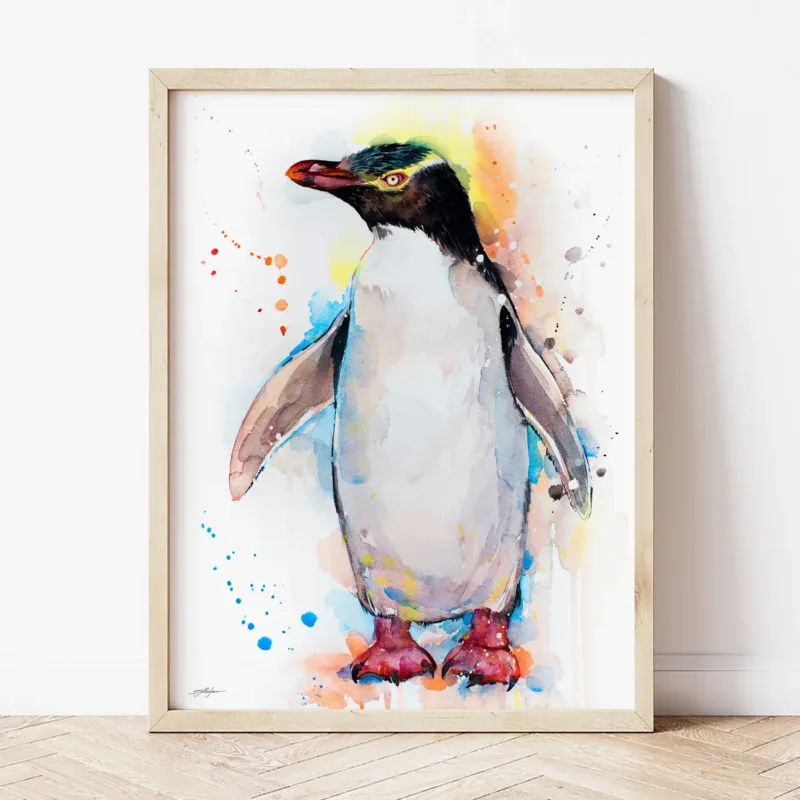 Yellow-eyed Penguin watercolor painting the artwork on the T-shirt by Slaveika Aladjova
