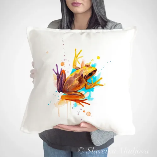 Yellow Frog watercolor painting printed on a 50 x 50 cm cotton art pillow cover by Slaveika Aladjova