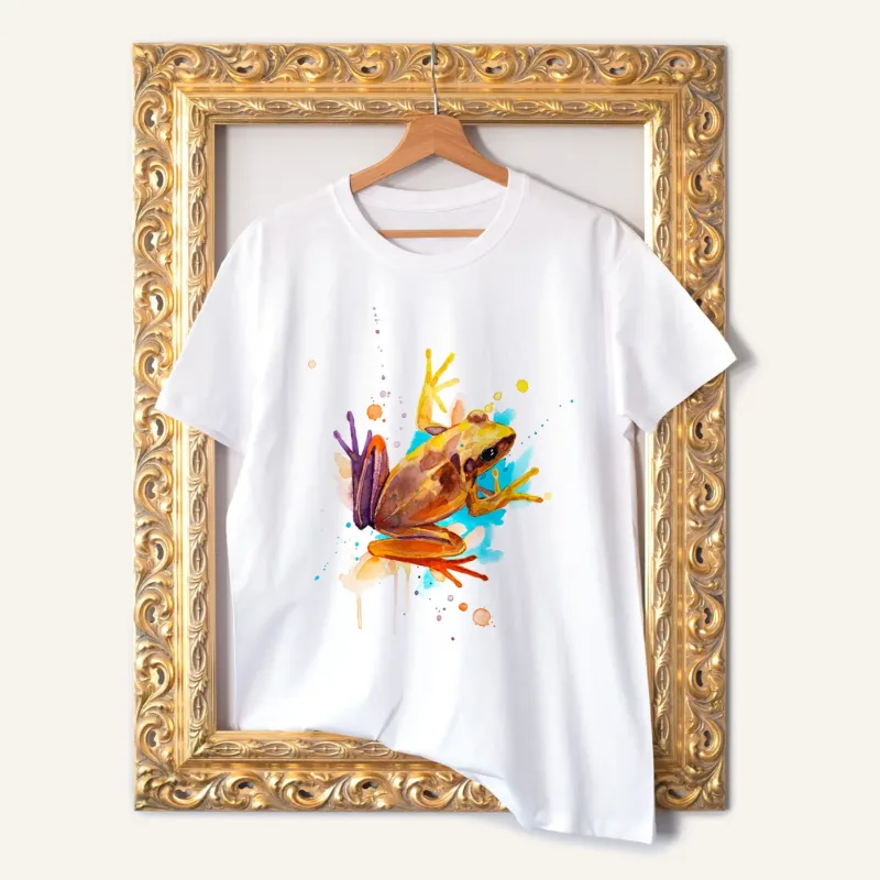Yellow Frog watercolor painting printed on a white cotton T-shirt by Slaveika Aladjova