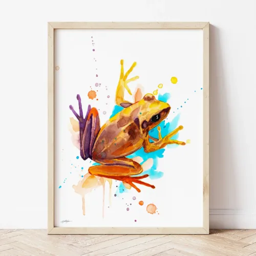 Yellow Frog watercolor painting the artwork on the T-shirt by Slaveika Aladjova