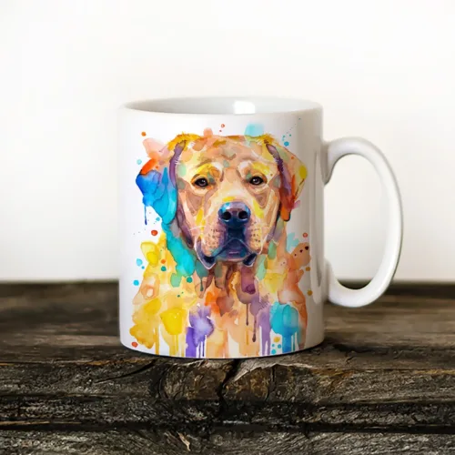 Yellow Labrador watercolor painting printed on an 11 oz ceramic art mug by Slaveika Aladjova