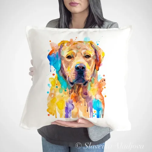 Yellow Labrador Art Pillow Cover, Watercolor Cushion 50 × 50 cm Yellow Labrador watercolor painting printed on a 50 x 50 cm cotton art pillow cover by Slaveika Aladjova