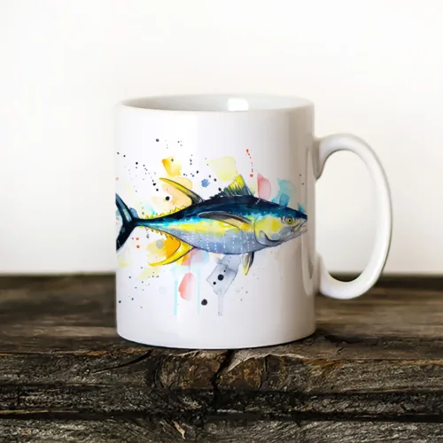 Yellowfin Tuna Art Mug, Watercolor Ceramic Mug 11 oz Yellowfin Tuna watercolor painting printed on an 11 oz ceramic art mug by Slaveika Aladjova