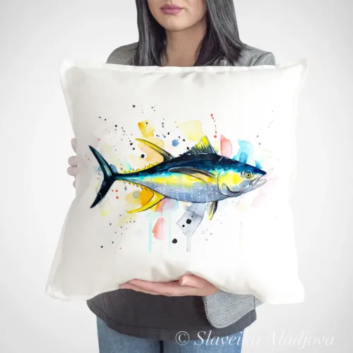 Yellowfin Tuna Art Pillow Cover, Watercolor Cushion 50 × 50 cm Yellowfin Tuna watercolor painting printed on a 50 x 50 cm cotton art pillow cover by Slaveika Aladjova