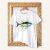 Yellowfin Tuna watercolor painting printed on a white cotton T-shirt by Slaveika Aladjova
