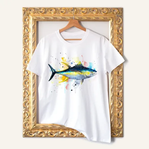 Yellowfin Tuna T-Shirt, Watercolor Art Tee Yellowfin Tuna watercolor painting printed on a white cotton T-shirt by Slaveika Aladjova
