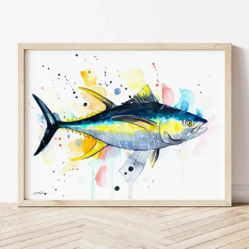 Yellowfin Tuna watercolor painting the artwork on the T-shirt by Slaveika Aladjova