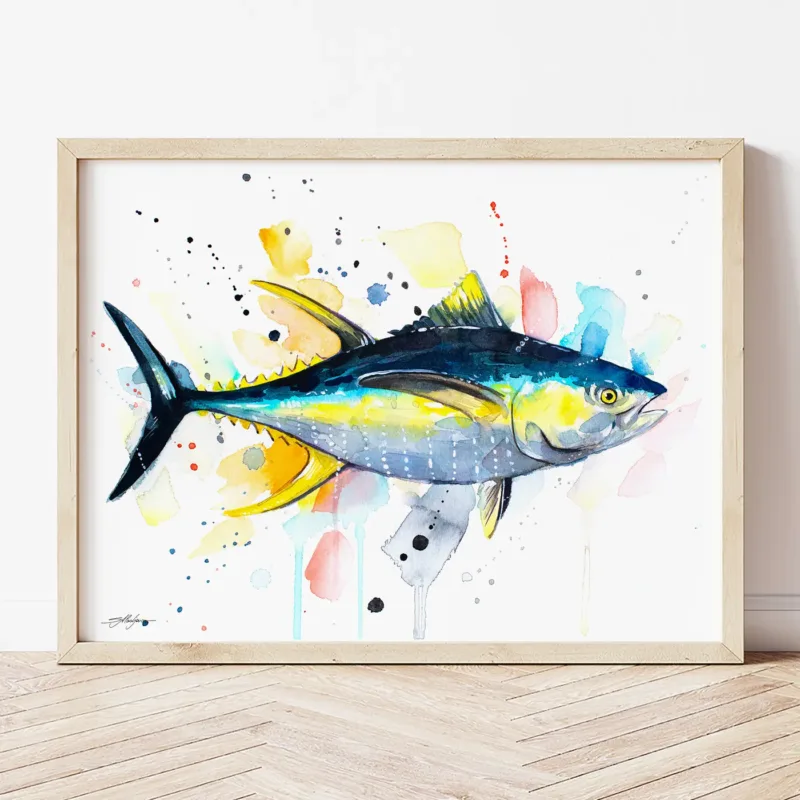 Yellowfin Tuna watercolor painting the artwork on the T-shirt by Slaveika Aladjova