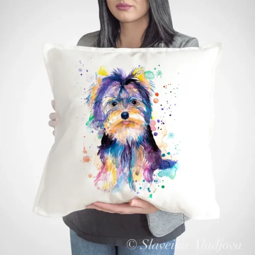 Yorkshire Terrier Art Pillow Cover, Watercolor Cushion 50 × 50 cm Yorkshire Terrier watercolor painting printed on a 50 x 50 cm cotton art pillow cover by Slaveika Aladjova
