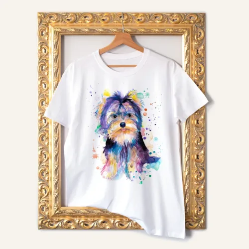 Yorkshire Terrier T-Shirt, Watercolor Art Tee Yorkshire Terrier watercolor painting printed on a white cotton T-shirt by Slaveika Aladjova