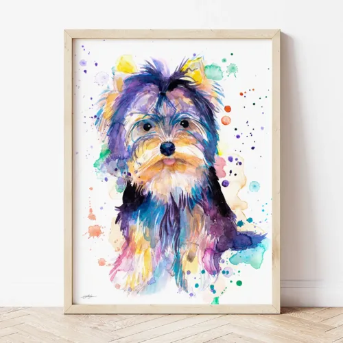 Yorkshire Terrier watercolor painting the artwork on the T-shirt by Slaveika Aladjova