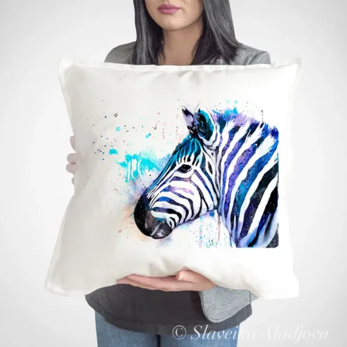 Zebra Art Pillow Cover, Watercolor Cushion 50 × 50 cm Zebra watercolor painting printed on a 50 x 50 cm cotton art pillow cover by Slaveika Aladjova