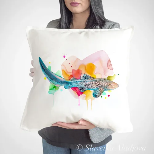 Zebra Shark Art Pillow Cover, Watercolor Cushion 50 × 50 cm Zebra Shark watercolor painting printed on a 50 x 50 cm cotton art pillow cover by Slaveika Aladjova