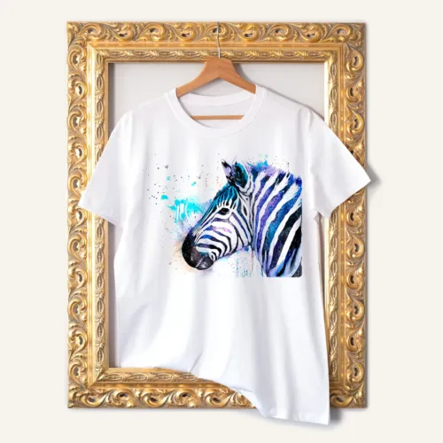 Zebra watercolor painting printed on a white cotton T-shirt by Slaveika Aladjova